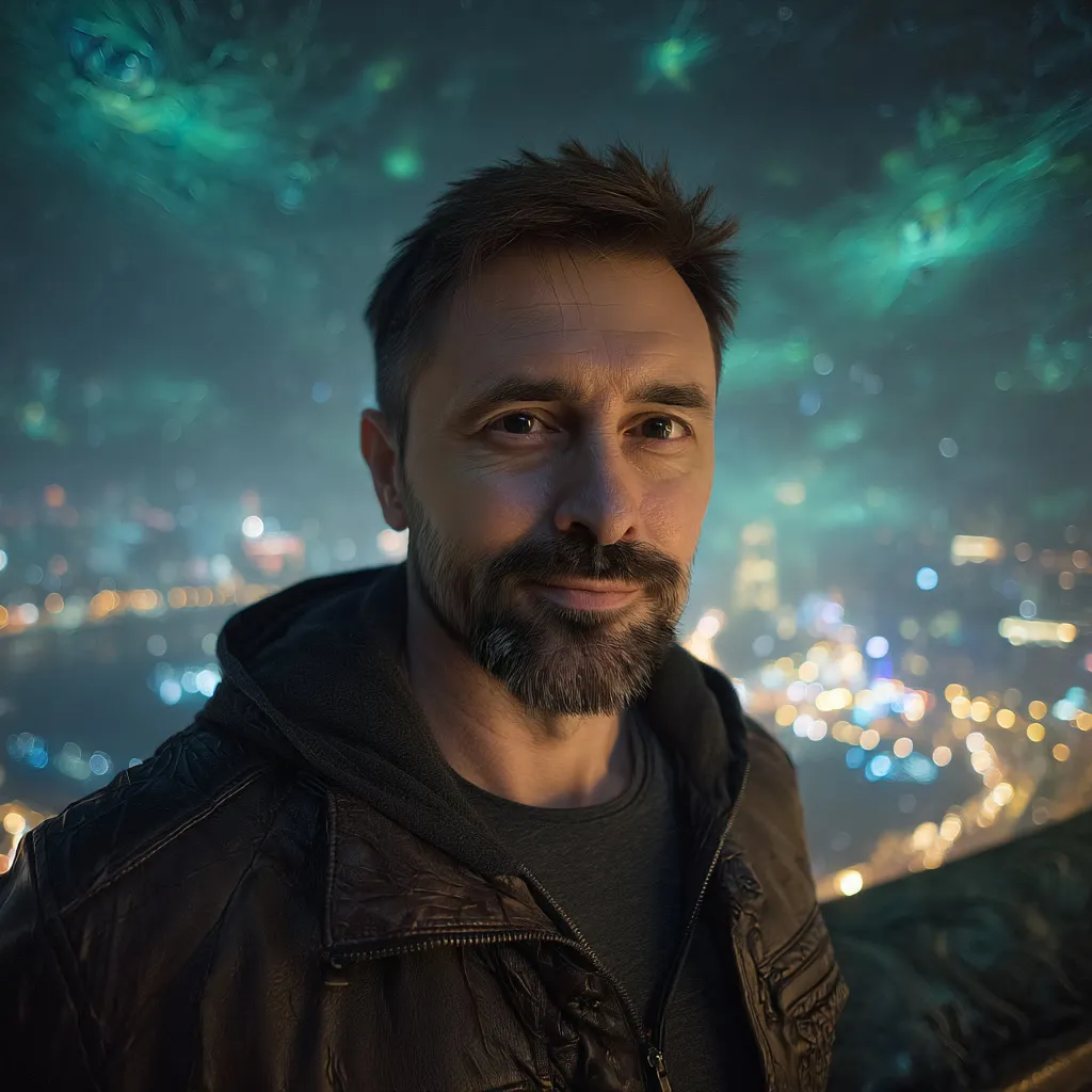 Alex Wilder at night above a city of lights